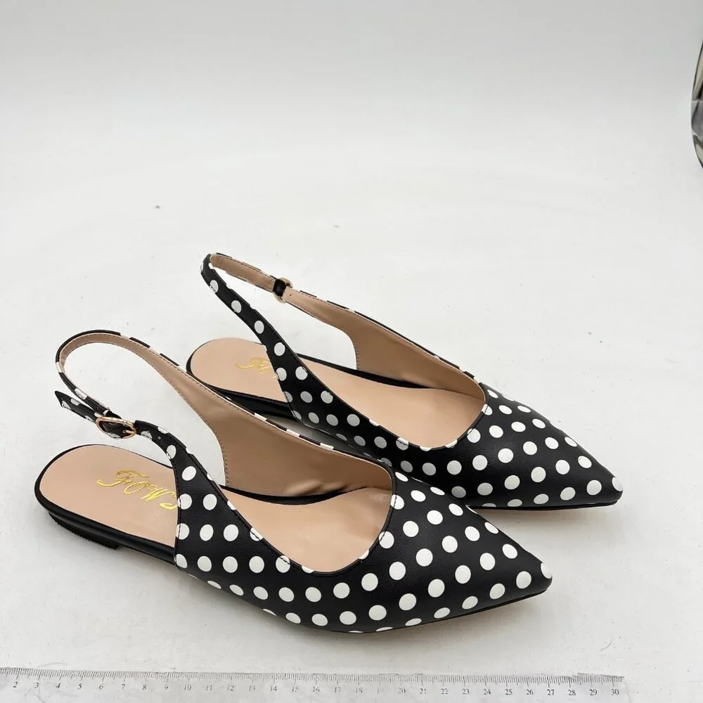 FOWT Black Polka Dots Pointed Toe Slingback Buckle Strap Womens Flats Daily Shoe - Picture 4 of 8